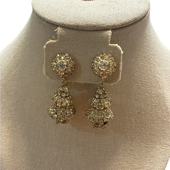 Hattie Carnegie Jewelry - Vintage Hattie Carnegie Gold Crystal Encrusted Drop Clip On Earrings